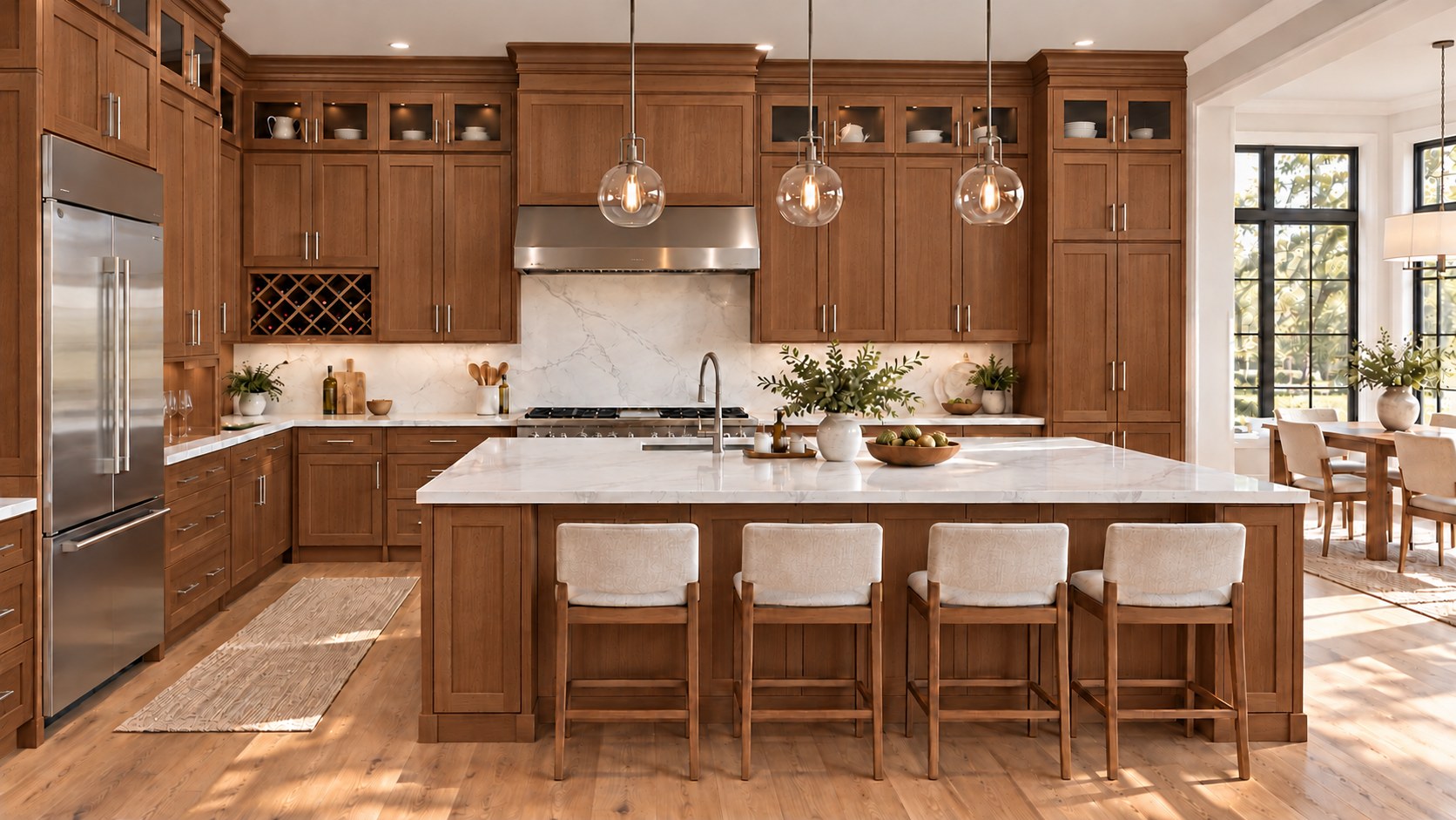 Warm wood cabinetry and kitchen island — design inspiration