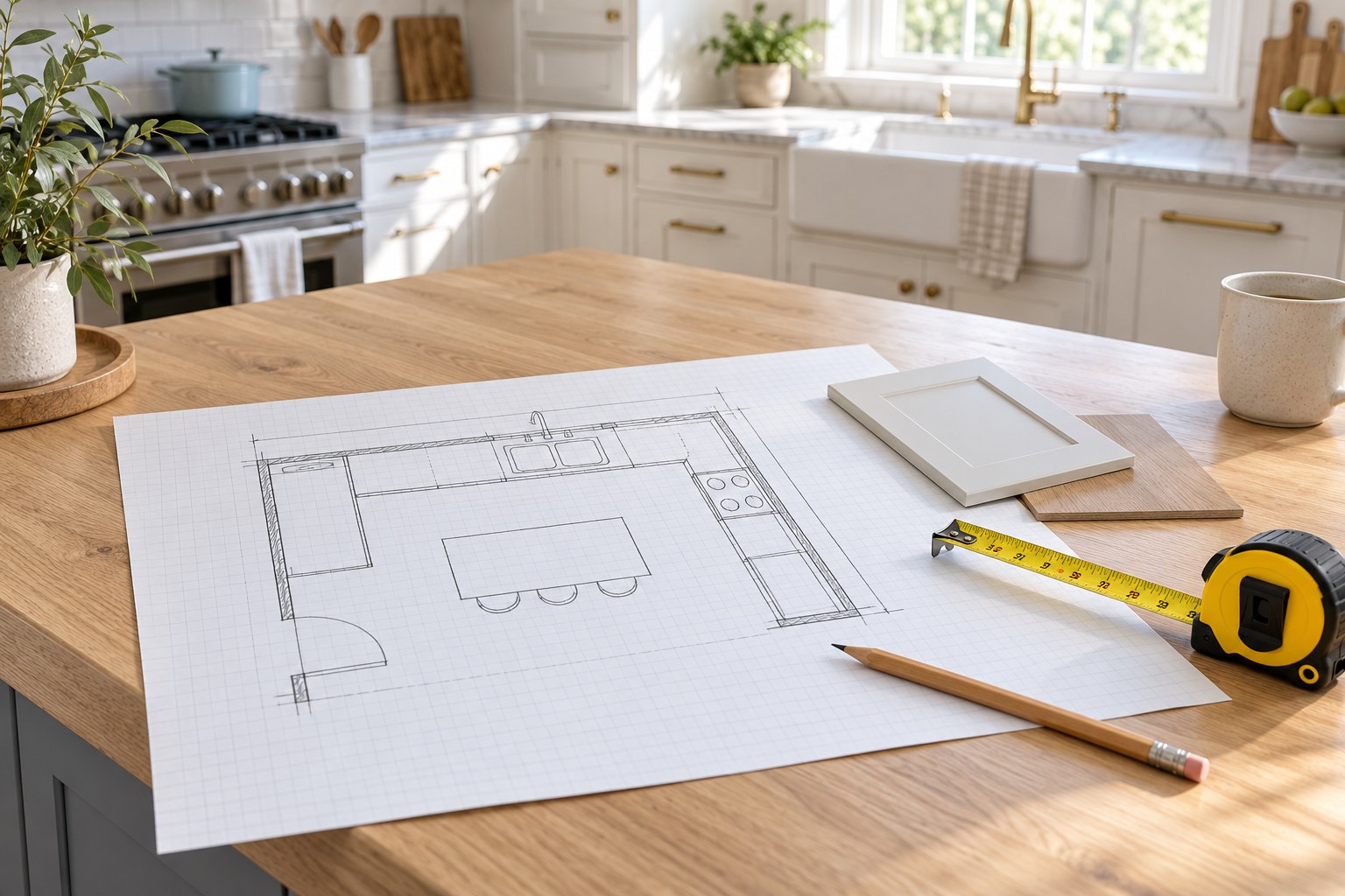 Kitchen planning sheet, tape measure, pencil and cabinet sample on a kitchen island